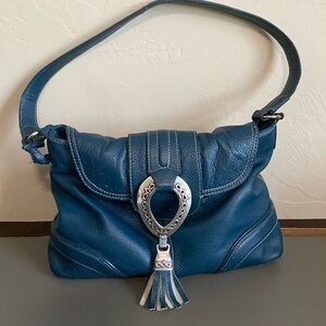 MAXX NEW YORK stippled Leather blue Purse Satchel shoulder bag Leopard lining